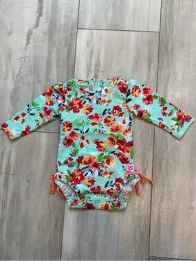NWT RuffleButts Painted Flowers Aqua Long Sleeve Rash Guard Swimsuit girls 3-6M
